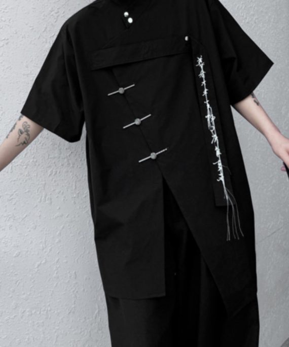 Black Front Open Loose Cotton Shirt Men Embroideried Summer