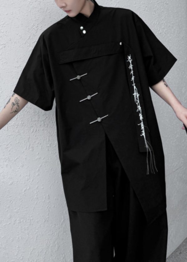 Black Front Open Loose Cotton Shirt Men Embroideried Summer