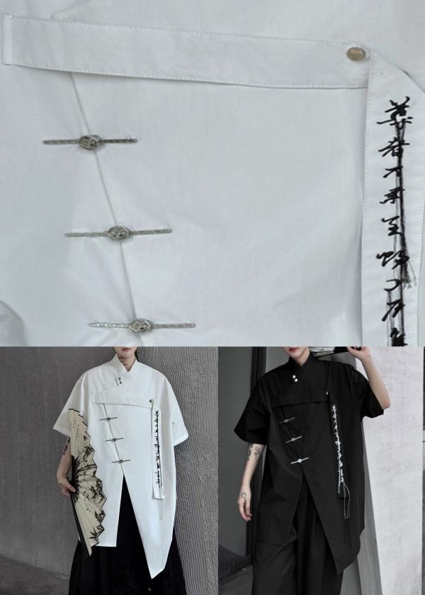 Black Front Open Loose Cotton Shirt Men Embroideried Summer - Image 5
