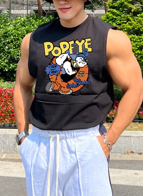 Black Letter Print Cotton T Shirt Men Tank O Neck Sleeveless