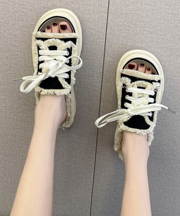 Black Platform Casual Splicing Tassel Lace Up Slide Sandals - Image 3