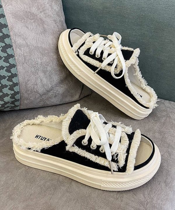 Black Platform Casual Splicing Tassel Lace Up Slide Sandals - Image 5