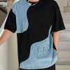 Black Pockets Denim Patchwork Men T Shirt O Neck Summer