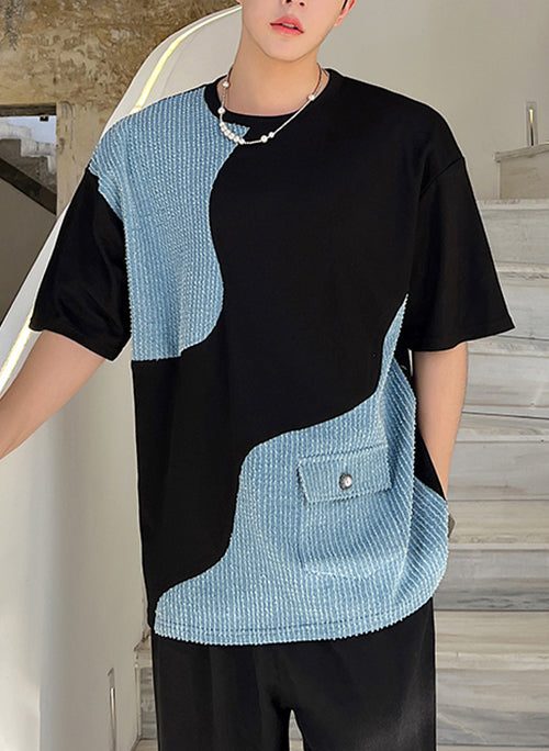 Black Pockets Denim Patchwork Men T Shirt O Neck Summer