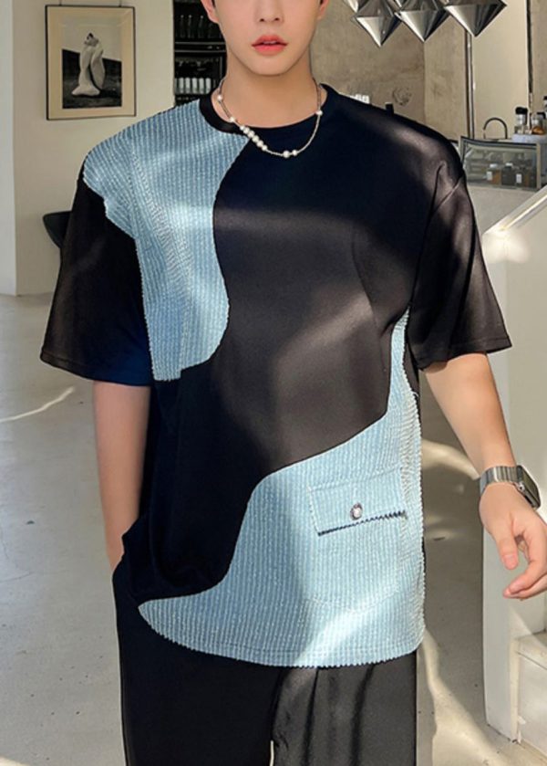 Black Pockets Denim Patchwork Men T Shirt O Neck Summer - Image 3