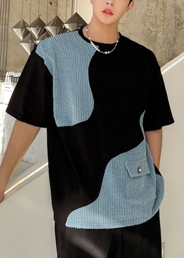 Black Pockets Denim Patchwork Men T Shirt O Neck Summer - Image 4