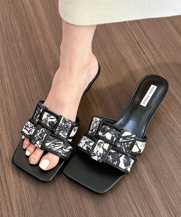 Black Print Fashion Splicing High Heel Slide Sandals Peep Toe - Image 5