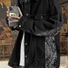 Black Print Pockets Coats Mens Coats Peter Pan Collar Fall