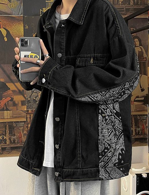 Black Print Pockets Coats Mens Coats Peter Pan Collar Fall
