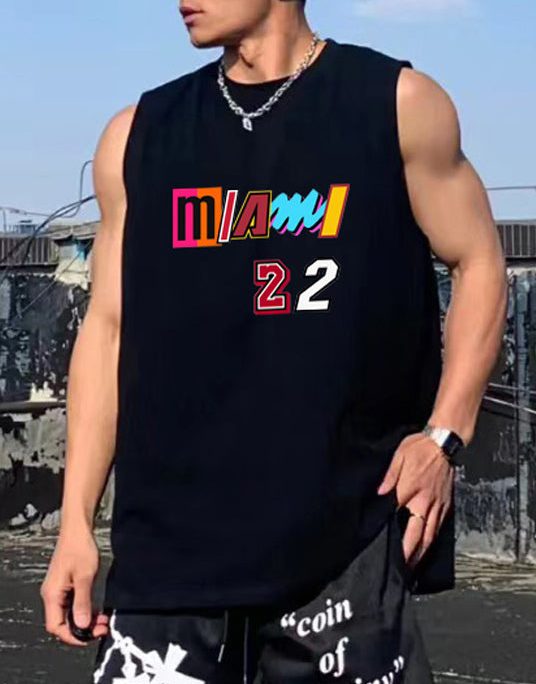 Black Print Side Open Cotton Men Tank O Neck Summer