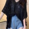 Black Side Open Cinched Knit Top Hollow Out Summer