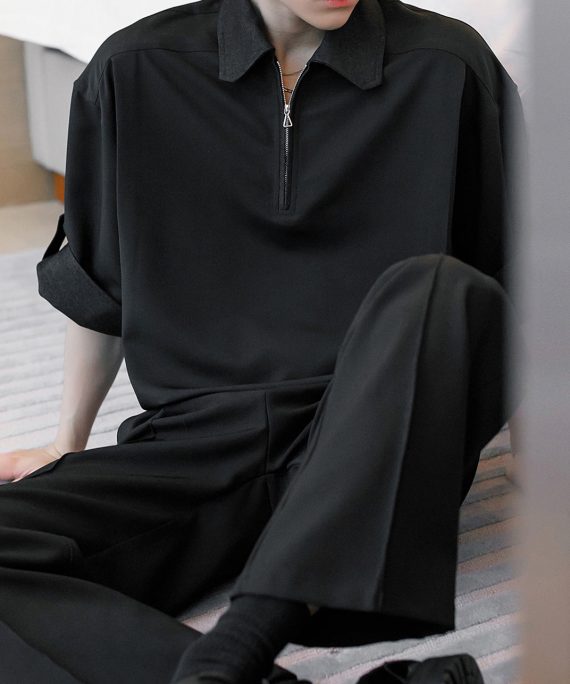 Black Solid Cotton Men Polo Shirt Peter Pan Collar Half Sleeve