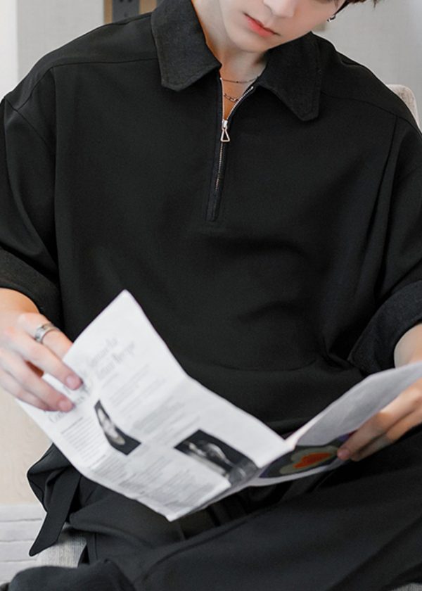Black Solid Cotton Men Polo Shirt Peter Pan Collar Half Sleeve - Image 3