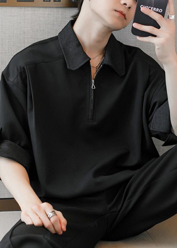 Black Solid Cotton Men Polo Shirt Peter Pan Collar Half Sleeve - Image 4