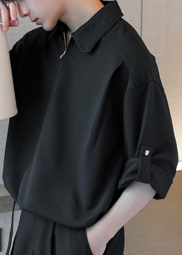 Black Solid Cotton Men Polo Shirt Peter Pan Collar Half Sleeve - Image 5