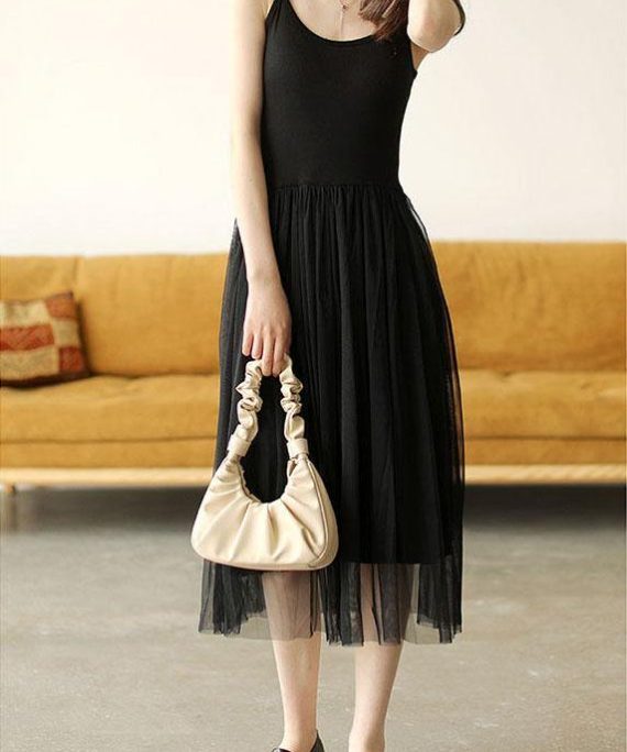 Black Tulle Patchwork A Line Sleeveless Fall Dress