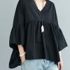 Black V Neck Patchwork Asymmetrical Design Fall Top Three Quarter sleeve