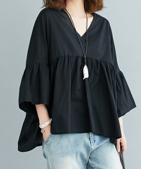Black V Neck Patchwork Asymmetrical Design Fall Top Three Quarter sleeve