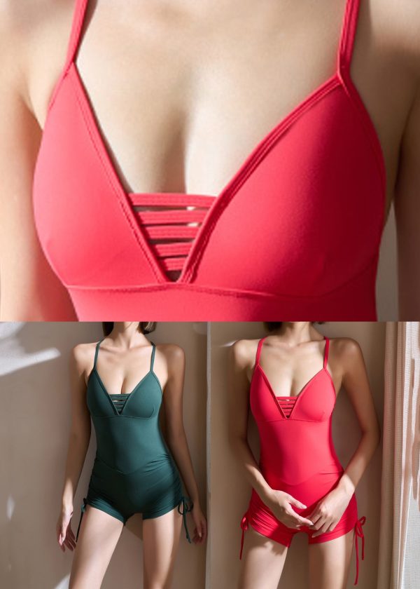 Blackish Green V Neck Tie Waist Yoga One Piece Workout Suit - Image 5