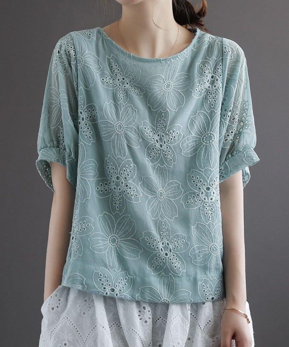 Blue Embroideried Floral Summer Blouses Half Sleeve