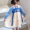 Blue Lace Up Patchwork Cotton Girls Dresses Wrinkled Fall