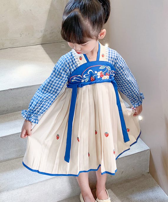 Blue Lace Up Patchwork Cotton Girls Dresses Wrinkled Fall
