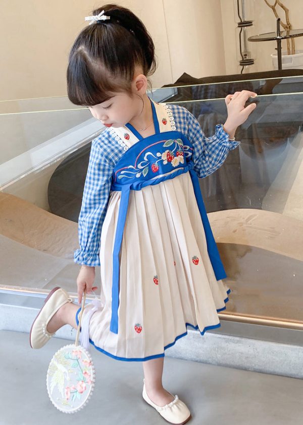 Blue Lace Up Patchwork Cotton Girls Dresses Wrinkled Fall - Image 4