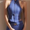 Blue Patchwork Sashes Solid Yoga Tank Tops