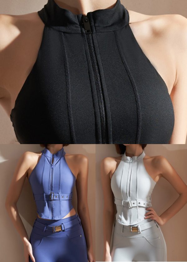 Blue Patchwork Sashes Solid Yoga Tank Tops - Image 5