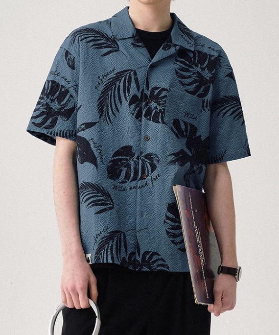 Blue Print Button Cotton Summer Shirt Men Peter Pan Collar