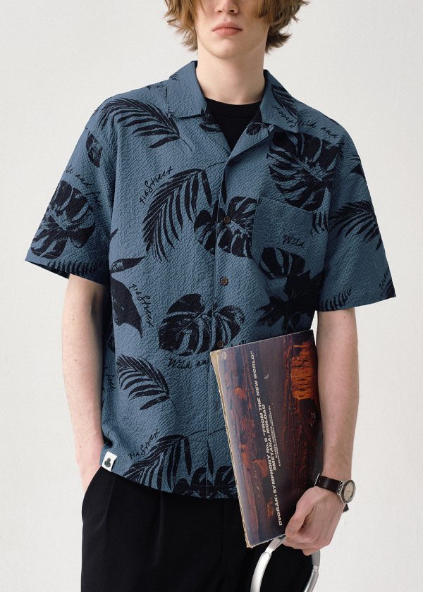 Blue Print Button Cotton Summer Shirt Men Peter Pan Collar - Image 2
