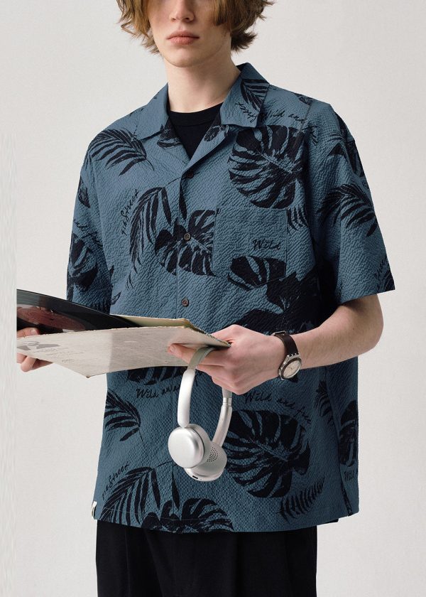 Blue Print Button Cotton Summer Shirt Men Peter Pan Collar - Image 3