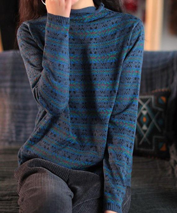 Blue Print Clothes For Women High Neck Patchwork Knitwear