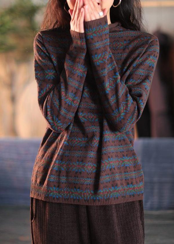 Blue Print Clothes For Women High Neck Patchwork Knitwear - Image 3