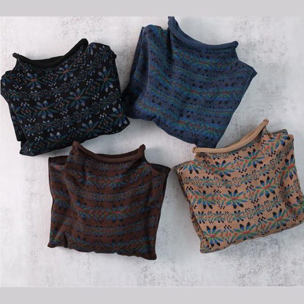 Blue Print Clothes For Women High Neck Patchwork Knitwear - Image 5