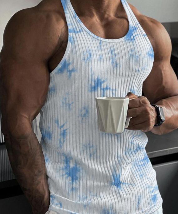 Blue Tie Dye Striped Tank Cotton O Neck Sleeveless