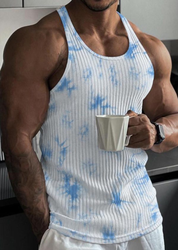 Blue Tie Dye Striped Tank Cotton O Neck Sleeveless