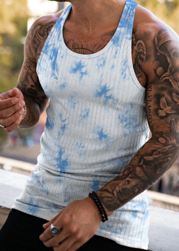 Blue Tie Dye Striped Tank Cotton O Neck Sleeveless - Image 4