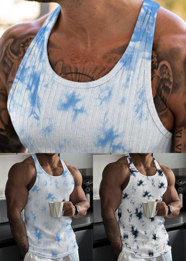 Blue Tie Dye Striped Tank Cotton O Neck Sleeveless - Image 5
