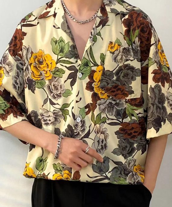 Bohemian Apricot Print Button Cotton Men Shirt Summer