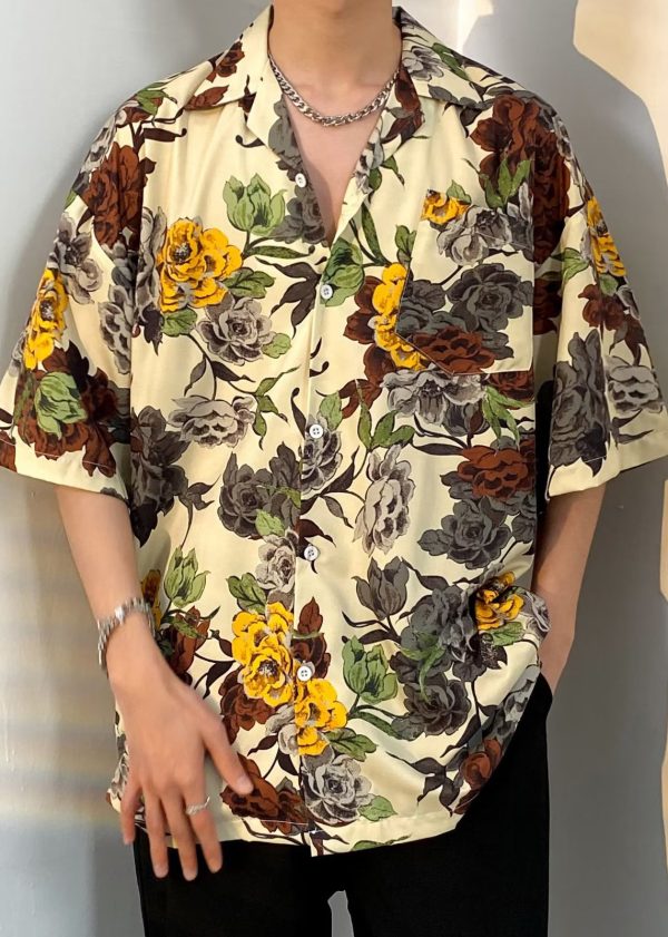 Bohemian Apricot Print Button Cotton Men Shirt Summer - Image 2