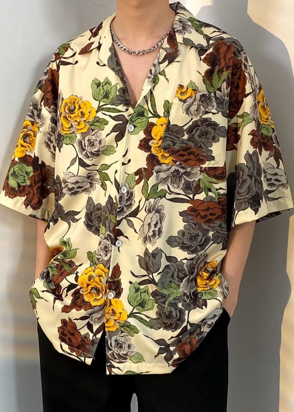 Bohemian Apricot Print Button Cotton Men Shirt Summer - Image 3