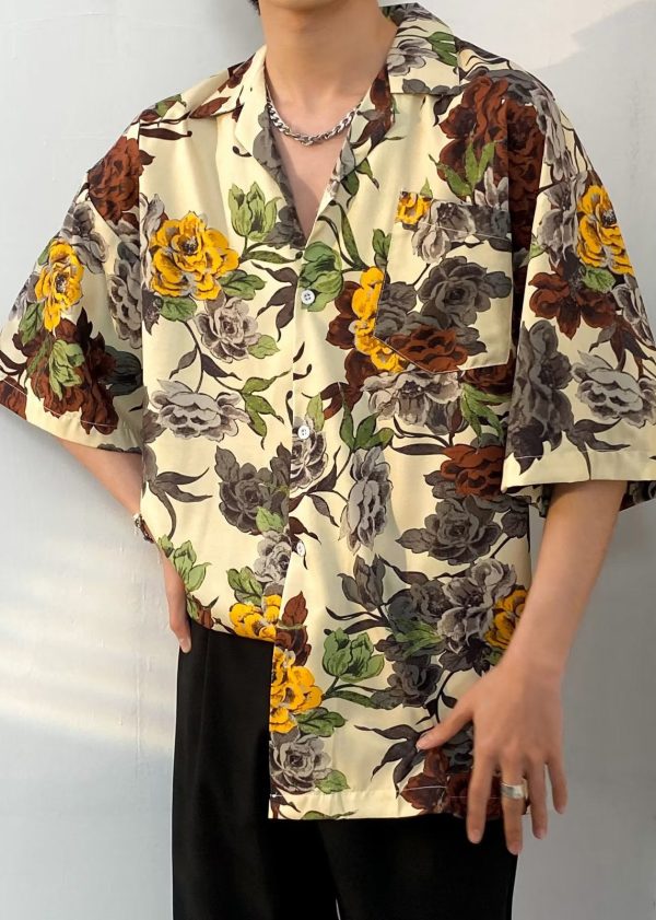 Bohemian Apricot Print Button Cotton Men Shirt Summer - Image 4