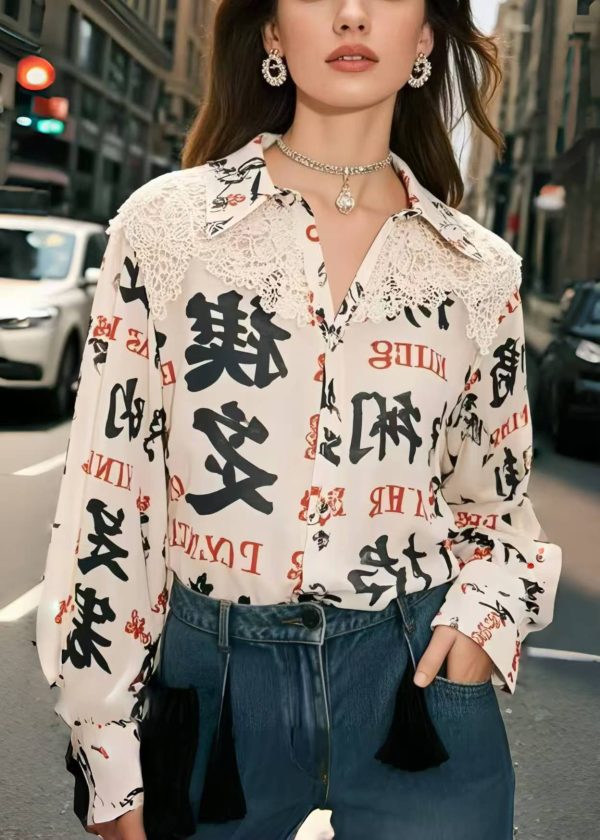 Bohemian Apricot Print Patchwork Lace Shirt Top Spring - Image 3