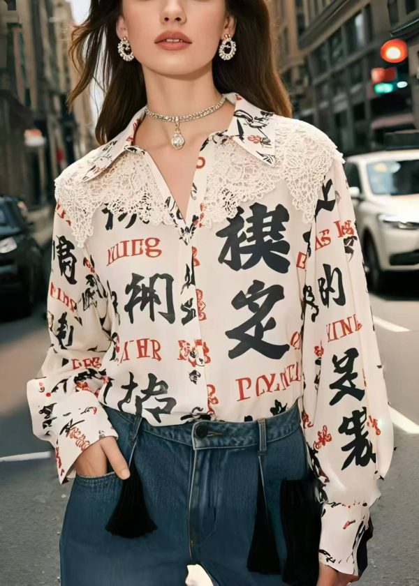 Bohemian Apricot Print Patchwork Lace Shirt Top Spring - Image 5