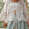 Bohemian Beige V Neck Tie Lace Holiday Tops Batwing Sleeve