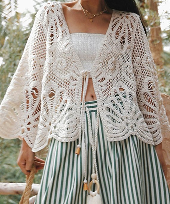 Bohemian Beige V Neck Tie Lace Holiday Tops Batwing Sleeve