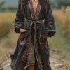 Bohemian Black Print Pockets Cotton Loose Cardigans Spring