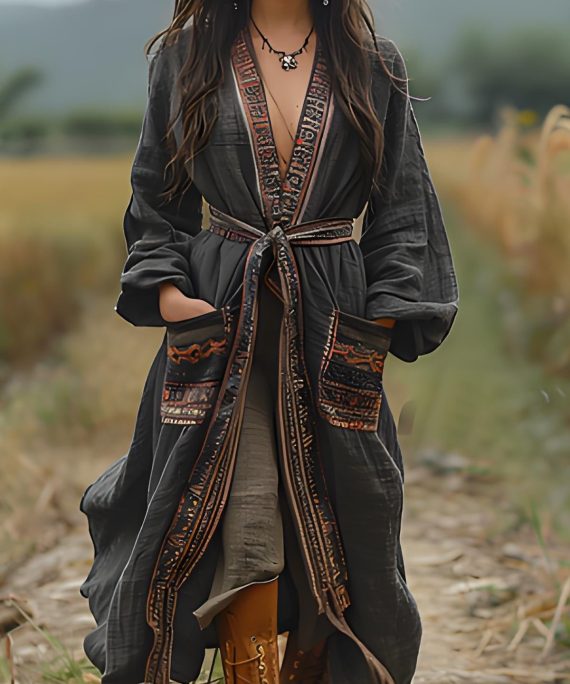 Bohemian Black Print Pockets Cotton Loose Cardigans Spring