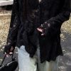 Bohemian Black V Neck Hollow Out Lace Shirt Spring